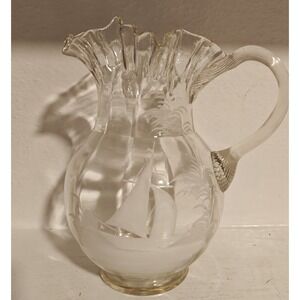 Vintage MARY GREGORY Hand Painted Clear Glass Pitcher Sailboat